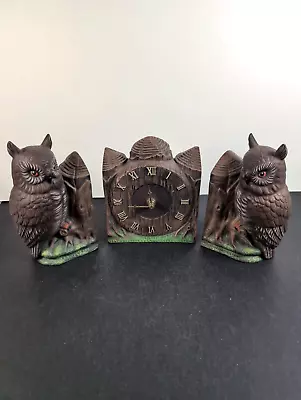 Vintage Ceramic Owl Bookends And Clock Set 70's Pottery Set Of 3 Bookshelf Decor • $44.99