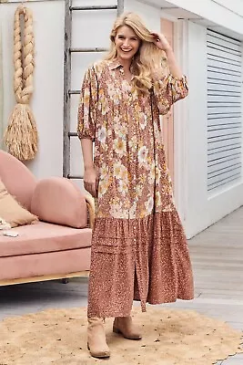 New Jaase L Dress Lacey Maxi Fawn Camellia Warm Earthy Tones Floral Tunic Shirt • $64