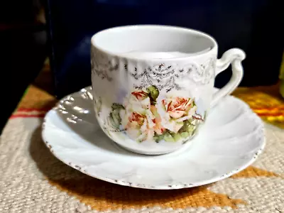 SWEET 1890-1900s GERMAN MUSTACHE CUP & SAUCER WITH ROSE DECORATION • $14.99