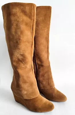 Jessica Simpson Rallie Tall Boots Wedge Foldover Camel Tan Leather Suede Size 8 • $34.99