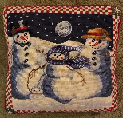 $24.99 • Buy Needlepoint Pillow Red Velvet Christmas Snowmen Zippered 13  X 13  Vintage 
