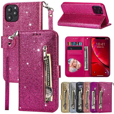 Case For IPhone 11 12 13 14 Pro Max Zipper Bling Glitter Wallet Stand Card Cover • $12.85