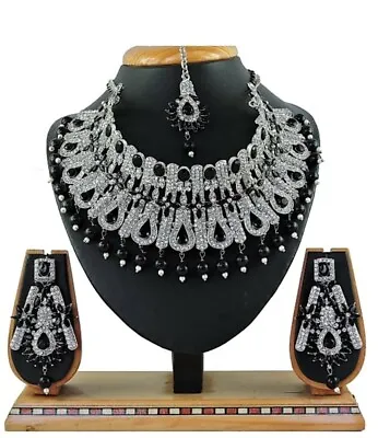 Black Pearl Stud Indian Sliver Plated Jewelry Necklace Earrings Mang Tika Choker • $43.99