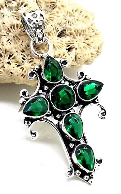 925 Sterling Silver Chrome Diopside Gemstone Jewelry Cross Pendant Size-2 • $19.99