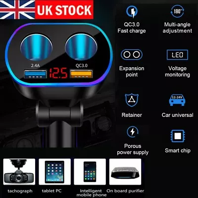 DC 12V LED 2 Way Car Cigarette Lighter Socket Splitter Dual USB Charger Adapter • £5.89