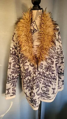 Blue Boho Hippy Long Knit Knitted Long Faux Fur Trim Cardigan Cardy Size 14 • £3