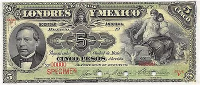 México  5 Pesos 19xx  Series F  Specimen  Rare  Uncirculated Banknote  • $250