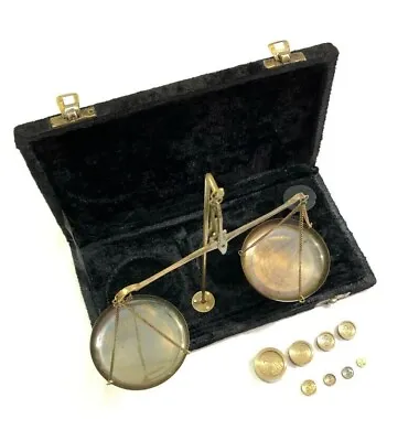 Antique Brass Jewellery Balance Scale With Velvet Box Goldsmith Weight Balance • $54