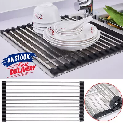 Over Sink Rack Folding Drainer Stainless Steel Dish Drying Roll Up Kitchen Tray • $18.45