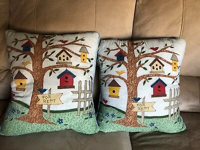 Set 2 Vintage Throw Pillows - Country Birdhouses 15x14x7  Embroidered Scenes • $17.95