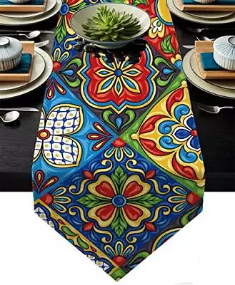 Mexican Talavera Ceramic Tile Pattern Linen Table Runners Dinner Table Settin... • $25.66