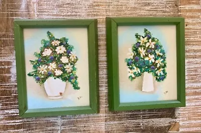 PAIR Vintage MCM 70s Miniature Small Paintings Still Life Flower Floral 5x6  • $55