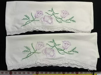 Vintage Pillowcases W/ Purple Embroidered Flowers And Crocheted Trim • $5