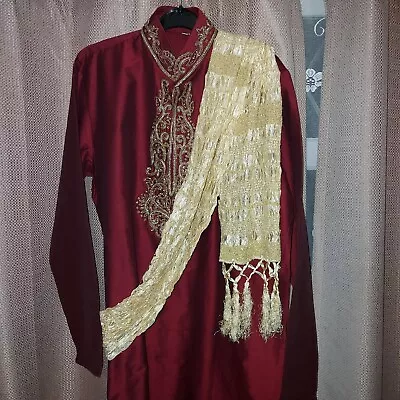 Ethnic Men Indian Design Bollywood Maroon Kurta Sherwani 3 Piece Suit Size 38 • £40