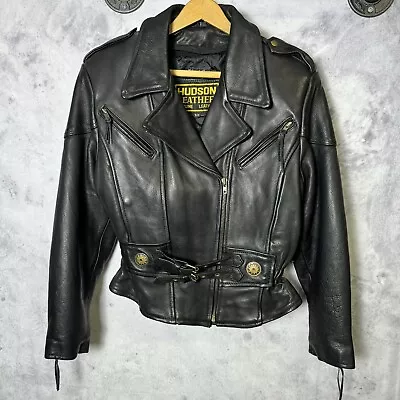 Vintage Hudson Leather Jacket Womens XS Black Full Zip Punk Biker Belted • $200