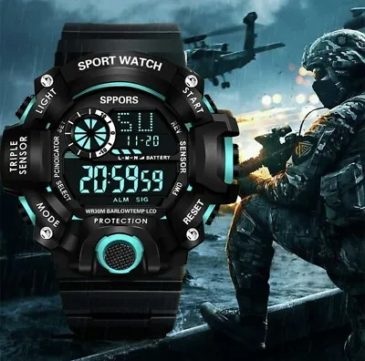 Mens Watches Big Face Military Army Walking Sports Digital LED Shockproof Watch • £7.99