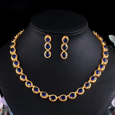 $15.99 • Buy Indian Gold Blue CZ Wedding Jewelry Set Round Bridal Choker Necklace Earrings