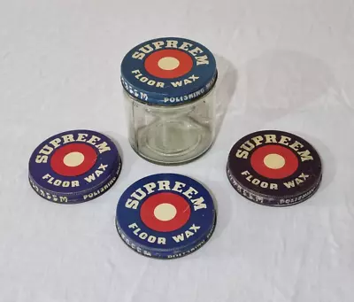 Vintage Supreem Floor Wax Polishing Wax Jar With 4 X Supreem Tin Lids • $65