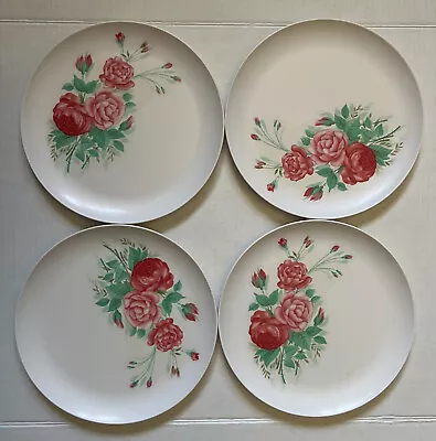 Vintage SUN-VALLEY - Set Of 4 Melamine Dinnerware Plates Pink Red Roses USA - 9  • $29.99