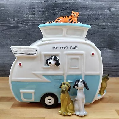 Pet Treats Cookie Canister Ceramic Jar Retro Happy Camper RV Dogs Cats Blue Sky • $64.99