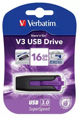 Verbatim 16GB V3 USB3.0 Violet Store'n'Go V3; Rectractable USB Storage Drive Mem • $25