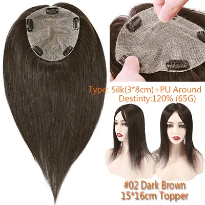 Clip In 100% Remy Topper Hairpiece Human Hair Top Piece Silk Base Toupee Wig Icy • $162.19