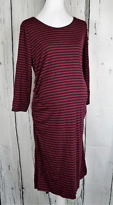 Liz Lange Women Maternity Tee Dress Striped 3/4 Sleeve Ruched Sides Berry Navy S • $17.50