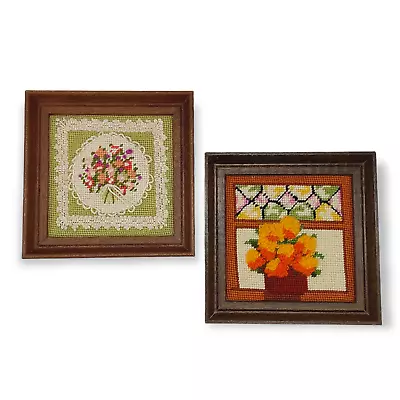 Vintage Needlepoint Embroidery Framed Pictures Floral Flowers Square 6x6 • $12.98