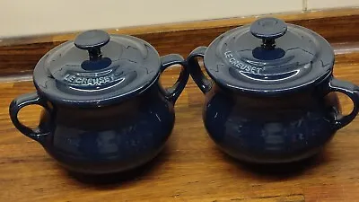 NEW Unused Le Creuset Dark Blue Stoneware Soup Bowls With Lids X2 0.5L • £42