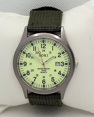 Mens Soki Field Military Army Round Green Glow Dial Canvas Strap Analog Watch WB • $7.99