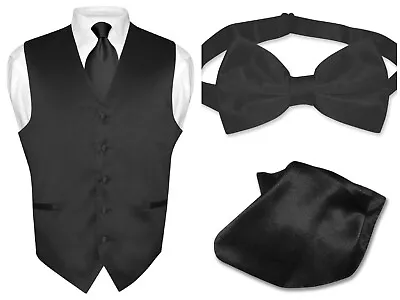 Men's BLACK Dress Vest NeckTie Bow Tie And Hanky Set For Suit Or Tuxedo • $24.95