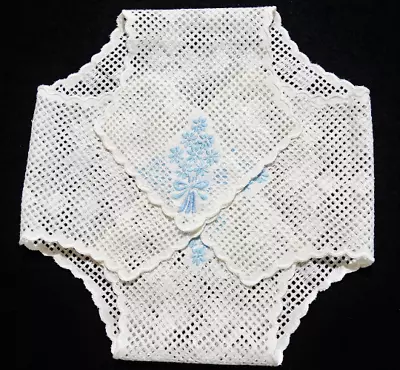 Vintage Basket Liner Roll Cover Doily Drawn Thread Work Blue Hand Embroidery • $8.95