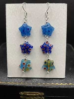 Millefiori Venetian Glass Star Long Drop Earrings Blues Handmade 925 Silver • £11.50