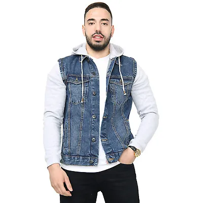 Mens Denim Jacket Fleece Sleeves & Detachable Hood Trucker Classic Jean Coat • £22.99