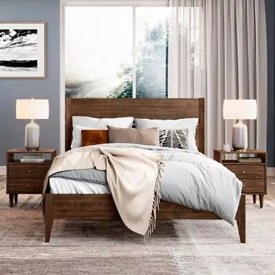 Mid Century Modern Platform Bed Frame And Headboard Queen Size Solid Wood Walnut • $689.99