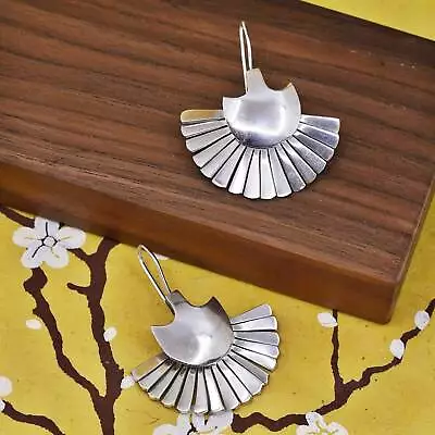 Vintage Sterling Silver Handmade Earrings 925 Modern Simple Half Fan Modernist • $68