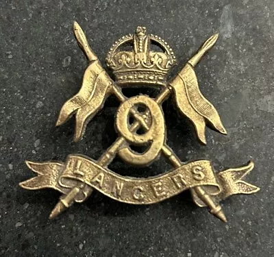 Vintage Brutish Army 9th Queen's Royal Lancers Kings Crown Brass Cap Badge • £10