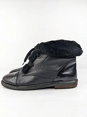 80s Vintage Black Leather Shiny Winter Lace Up Ankle Boots Size 38 Walk Hiking • $79