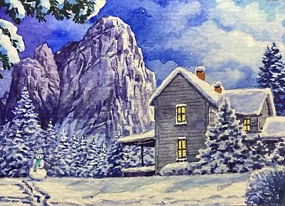 Watercolor Painting Snow Mountains Winter Christmas Snowman House ACEO Art No.66 • $28.50