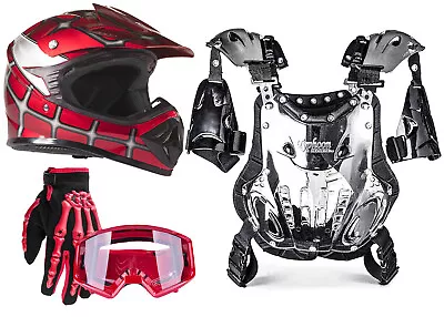 Red Web Combo Chest Protector Helmet Gloves Goggles DOT UTV ATV Dirt Bike • $99