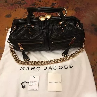 Authentic Marc Jacobs Leather Stam Quilted Handbag Shoulder Bag Black With Gold • $450