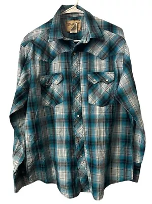 Wrangler Western Fashion Blue Plaid Long Sleeve Pearl Snap Button Up Men Size L • $15.99