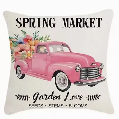 New Spring/easter Spring Market Pink Vtg Truck Floral Linen Pillow Cover 17.7  • $8.80