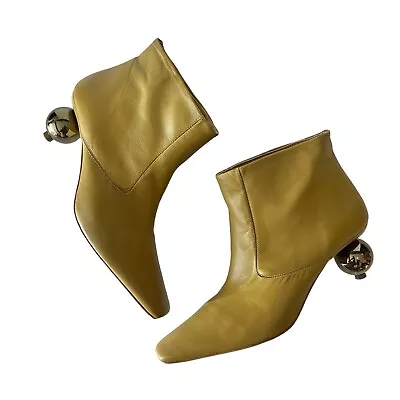 ZARA Leather Ankle Boots Round Heel Size 8 Green Bronze Square Toe • $59.99