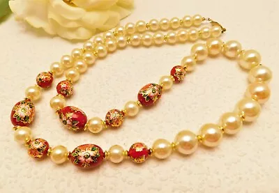 Vintage Red Floral Cloisonne Faux Pearl 28  Necklace • $22