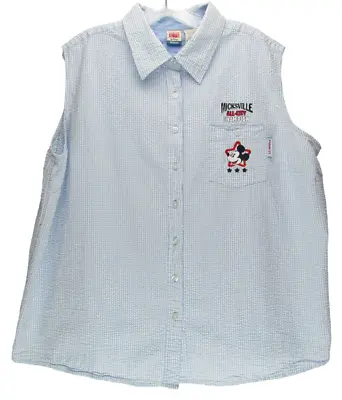 Disney Womens Shirt 22W-24W Main Street Blue & White Checked Sleeveless Blouse • $12.75