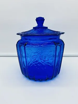 Cobalt Blue Glass Biscuit Cookie Jar Mayfair Open Rose Depression Style Retro • $31.49