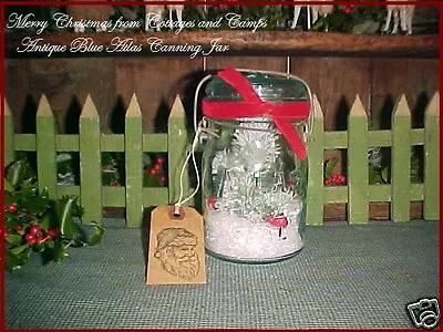 Antique Atlas Blue Canning Jar Vtg Xmas Snowglobe Decor Primitive Santa Gift Tag • $18.50