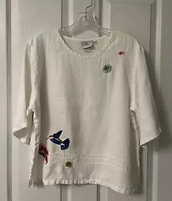 Hot Cotton By Marc Ware Sz M 100% Linen White Embroidered Hummingbird Floral Top • $24.99