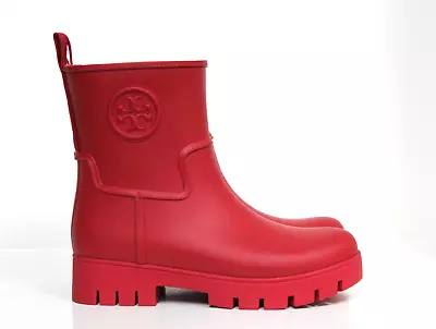 Sz 9 Tory Burch Red Rubber Logo Ankle Rain Boot Pull On Shoes • $125